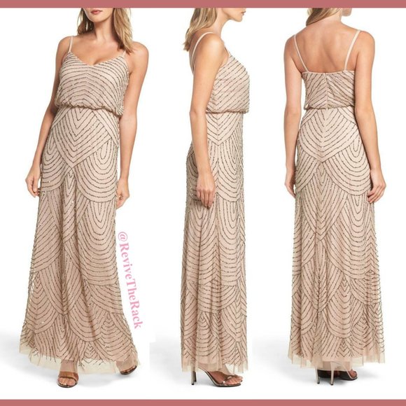 NEW $260 Adrianna Papell Art Deco Beaded Blouson Gown in Taupe Pink [SZ 2‎ ] - Picture 5 of 11